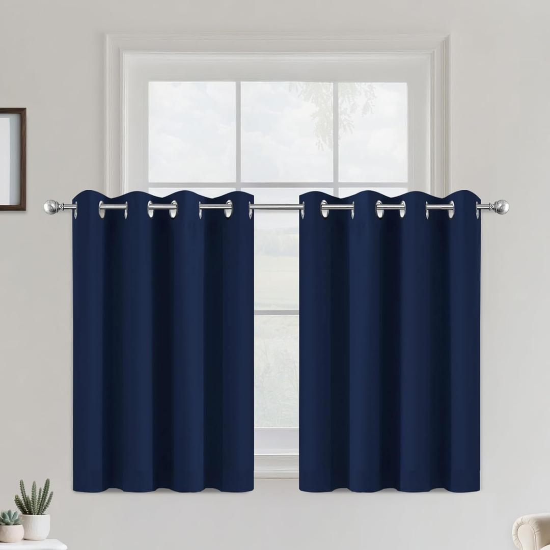 COSVIYA Grommet Blackout Room Darkening Navy Blue Curtains 36 inch Length 2 Panels,Thick Polyester Light Blocking Insulated Thermal Window Curtain Drapes for Bedroom/Living Room,52x36 inches