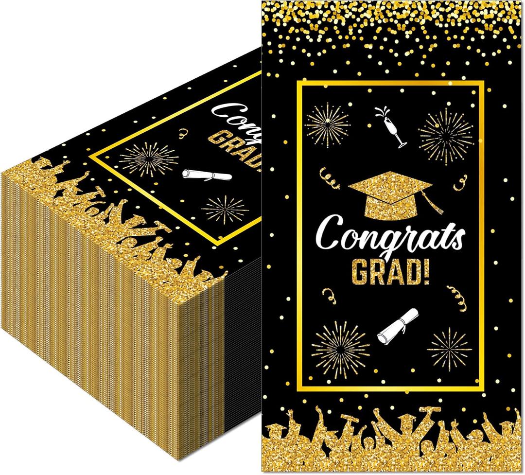 40PCS Graduation Paper Napkins - Black & Gold Congrats GRAD Disposable Luncheon Napkins for College High School Graduation Parties, Birthday Decorations, Congrats Grad Dinner, 4.3x7.9 Inches