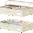Under Bed Storage with Wheels, No Assemble Required 5.5 inches height beige under bed storage bins,Low Profile Rolling Under bed Shoe Storage containersdorm under bed storage drawers