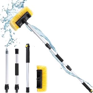 54" Car Wash Brush with Long Handle, Water Flow-Thru Car Washing Brush with Hose Attachment for Car, RV, SUV, Camper, Truck, Boat, House Siding and Solar Panels, Yellow