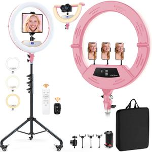 22" Foldable Ring Light with Stand for iPhone ipad, 75" Tripod with Wheels 50W 6500K LED Display/2 USB Ports Large Ringlight Rolling, Tattoo Barber Makeup Studio Video Photography Lighting(Pink)