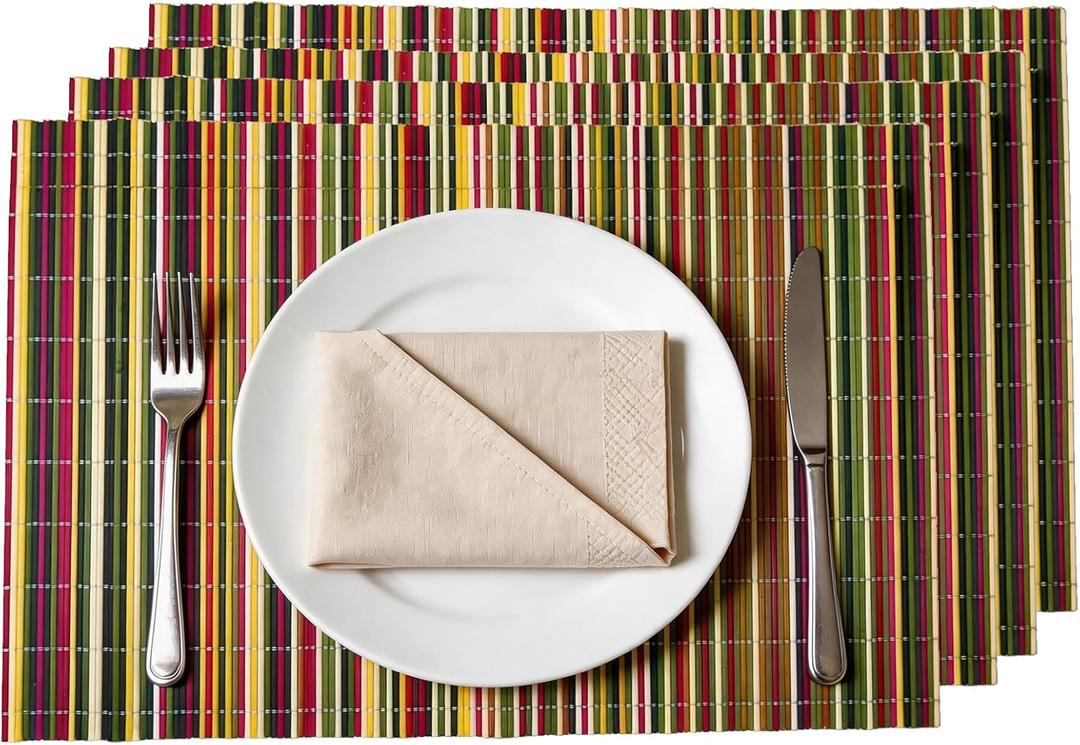 4-Pack Bamboo Placemats,Woven Heat-Resistant Rectangular Table Mats, Natural Rectangular Dining Place Mats, Rustic Japanese Style Plate Mats for Indoor Dining, Kitchen and Party Use(Colorful