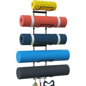 Yoga Mat Holder Wall Mount, Wall Rack Organizer, Storage Foam Roller and Block, with 5 Sectional and 3 Hooks for Hanging Yoga Strap, Resistance Bands at Fitness Class or Home Gym, Decor(Black)