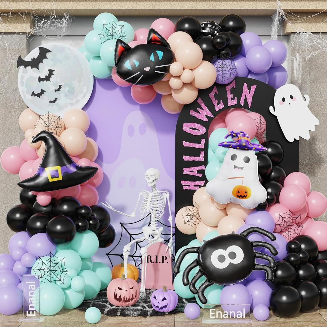 166pcs Halloween Balloon Arch Kit - Pastel Rainbow & Black Latex Balloons with Witch Hat/Ghost/Spider/Black Cat Foil Balloons for Little Boo Birthday, Halloween Baby Shower Party Decorations