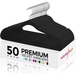 HOUSE DAY Premium Velvet Hangers 50 Pack Black, Non-Slip Flocked Felt Hangers, Sturdy Clothes Hangers with 360 Rotatable Hook, Heavy Duty Coat Hanger, Durable Slim Hanger for Closet Space Saving