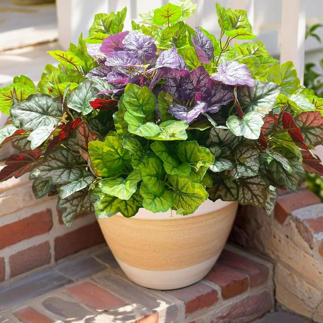 Artificial Plants for Outdoor Porch Planters, Fake Realistic Heuchera Greenery UV Resistant Faux Look Real Silk Shrubs Bushes for Outside Patio Pots Spring Summer Decor, 6 Bundles