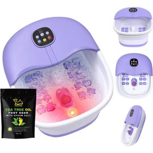 Collapsible Foot Spa Bath Massager with Heat Bubbles and Vibration Massage and Jets, 16oz Tea Tree Oil Foot Soak with Epsom Salt, Foot Bath Basin with Red Light & Remote - Purple