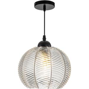 Qufute Glass Globe Pendant Lights, Clear Ribbed Glass Shade Mid Century Modern Pendant Light fixtures Pumpkin Design Black Adjustable Cord Ceiling Pendant Light Kitchen Island Dining Bedroom