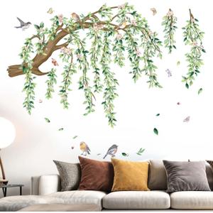 Large Hanging Vine Wall Stickers: Peel and Stick Green Leaf Tree Branch Pink Flower Birds Leaves Wall Decals - Living Room Bedroom Family Wall Decor 56 x 41 x 0.01 inches