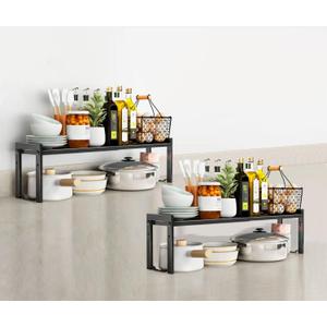 2 Pack Expandable Cabinet Shelf Organizer 16-26" L Stackable Kitchen Counter Shelves Rack Stand Sink Riser Countertop Storage Black (Normal 7.9D)