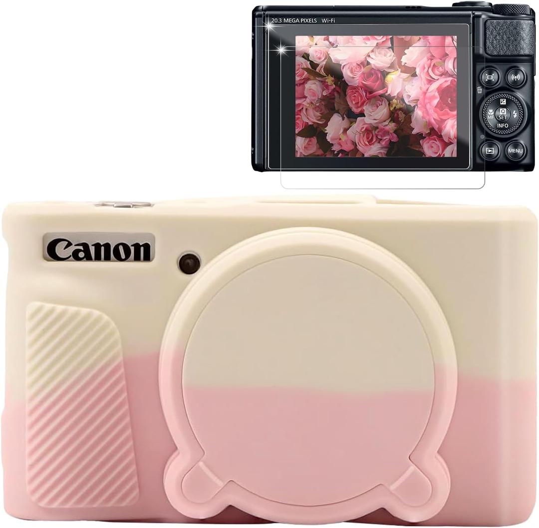 Case for Canon PowerShot SX740 HS, SX730 HS Camera, Soft Silicone Protective Case, Slim Fit Sleeve with Removable Lens Cover and Screen Protector Accessories, Anti-Scratch (Beige+Pink)