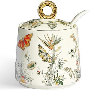 Ceramic Sugar Bowl with Lid and Spoon with Floral Pattern, Gold Trim - 7.5oz Elegant Sugar Jar with Lid and Spoon, Nordic Style for Kitchen, Dining, Cafe, Gift Idea (B)