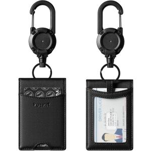 VULKIT Badge Holder Retractable Clip, Leather Bifold Double ID Card Holder, Retractable Keychain Carabiner, Holds 5 Cards, Keys Black