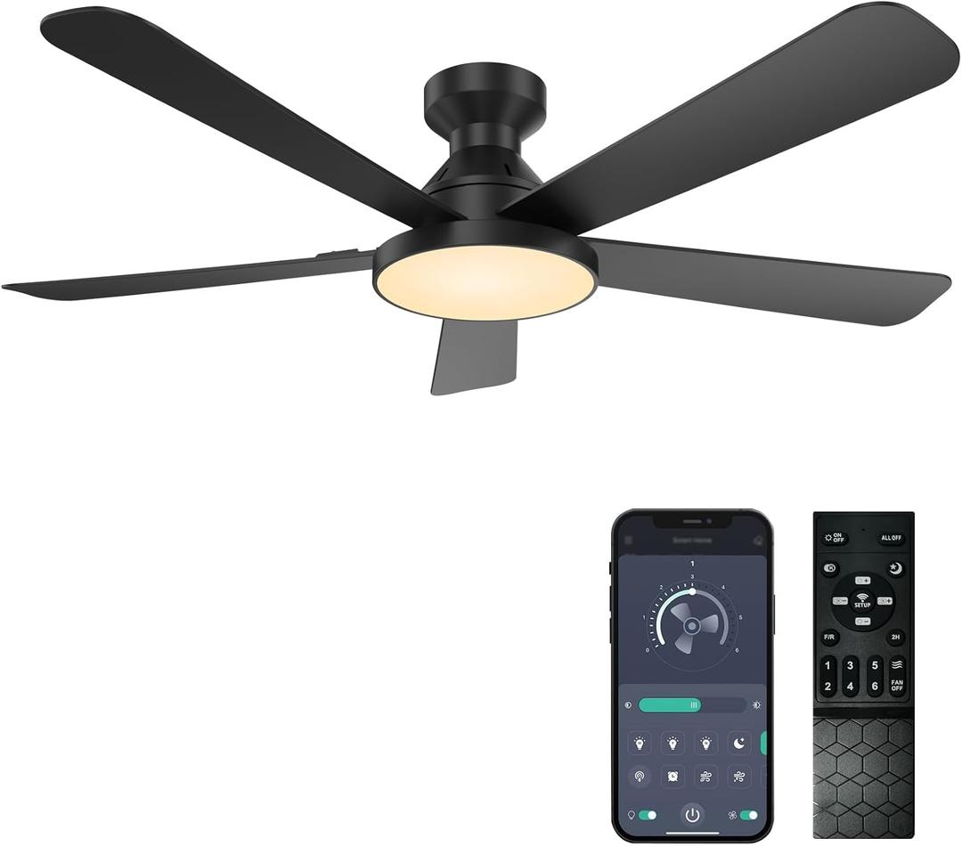 Ceiling Fans with Lights,52" Low Profile Flush Mount Ceiling Fan (Black)