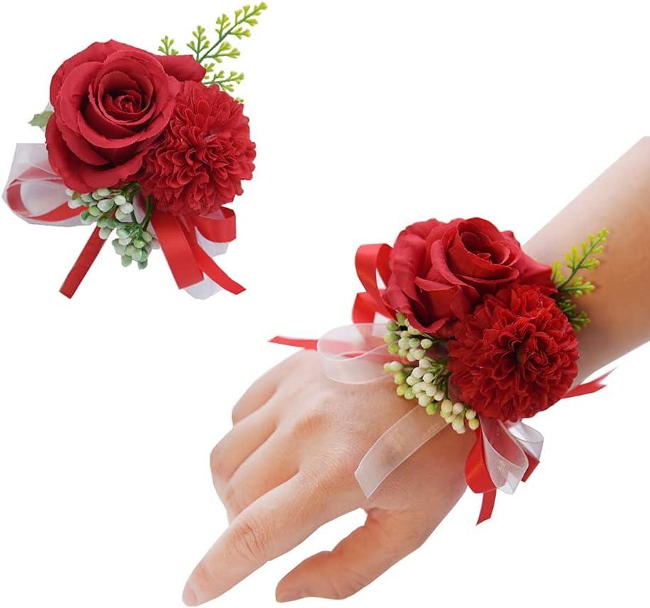 2PCS Rose Flower Wrist Corsage Boutonniere Set Handmade Artificial Corsage Set Bride Hand Flower Men Boutonniere for Wedding Party Prom Decorations (Red)