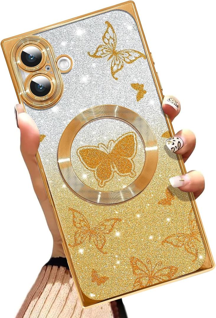 AIGOMARA Phone Case for iPhone 16 [Compatible with MagSafe] Butterfly Design Glitter Bling Case Shockproof Scratch-Resistant Soft TPU Cover for Women - Gold