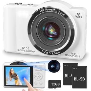 Digital Camera for Photography - WiFi 4K 75MP Vlogging Cameras for YouTube, Touchscreen Autofocus Point and Shoot Digital Camera for Teens Adult Beginner with 16X Zoom, 32GB Card, 2 Batteries(White)