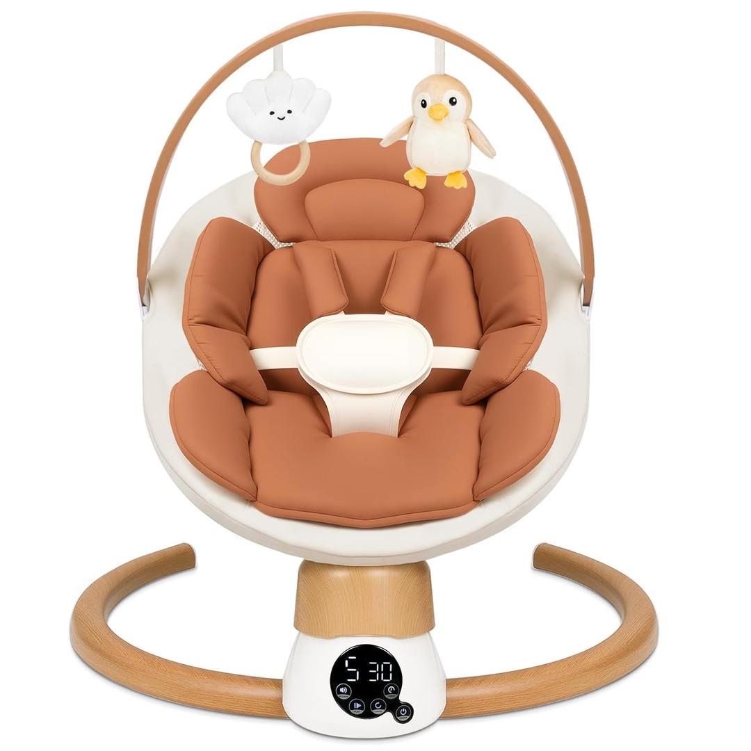 Baby Swings for Infants | Electric Portable Baby Swing with Bluetooth, 5 Swing Speed, 3 Timer Settings, 10 Melodies, 5-Point Harness & Remote Control | Indoor & Outdoor Newborn Swing (Brown)