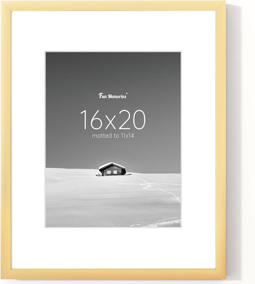 Fun Memories 16x20 Picture Frame, Display Pictures 11x14 with Mat or 16x20 Without Mat, 16 x 20 Poster Frame for Wall Hanging Horizontally and Vertically, Gold, 1 Pack