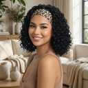 CINHOO Short Curly Headband Wigs for Black Women 12inch Deep Wave Black Headband Wig for Women Curly Head Band Wig with Headbands Attached Daily Use (1B#)