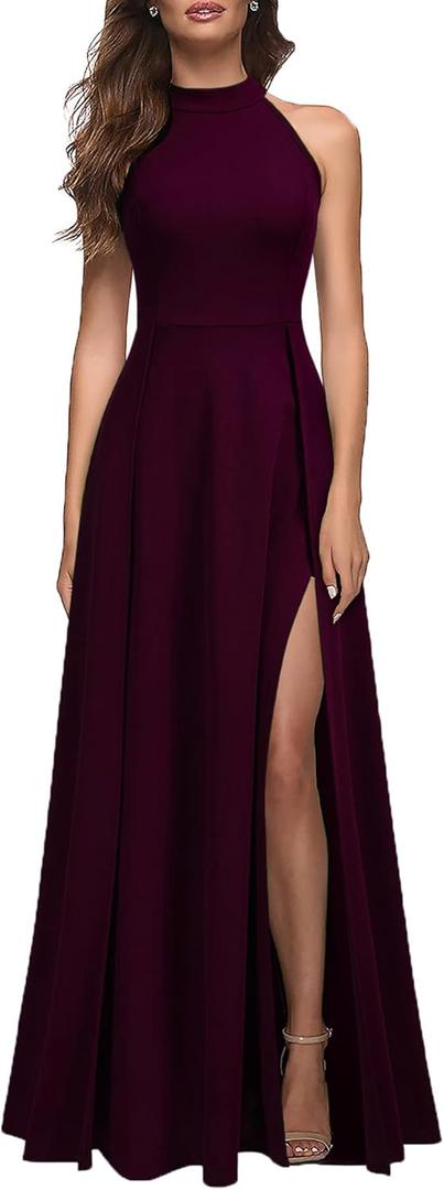 MUSHARE Women's Halter Neck Sexy Split Cocktail Party Maxi Long Formal Dress (Large, Burgundy)
