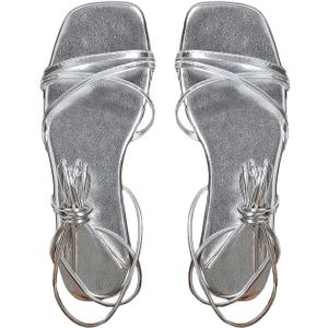 OYOANGLE Women's Lace Up Strappy Flat Sandals Metallic Summer Square Open Toe Sandal Tie Up Shoes (Silver) 9.5