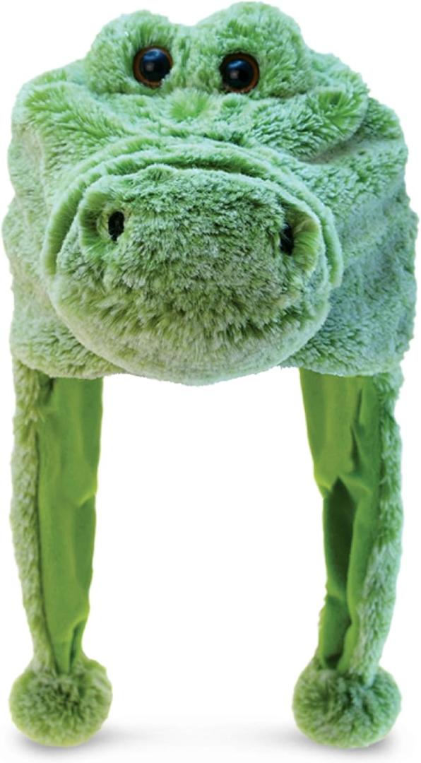 Puzzled DolliBu Stuffed Animal Alligator Plush Hat - Super Soft Wild Animal Winter Beanie With Ear Flaps, Cute Green Plush Costume Hat for Halloween or Cosplay - One Size