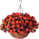Artificial Hanging Flowers with Basket, Faux Silk Petunias Flower Arrangement, Coconut Lining with Morning Glories Fake Plants Patio Garden Porch Deck Spring Summer Decor(Orange Brown)