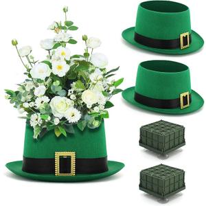 Medoore 2 Pack St. Patrick's Day Hat Vase Table Centerpiece Green High Top Hat Pot with Flower Mud Box Plant Pots Flower Arrangement Container for St. Patrick's Day Table Home Party Decor