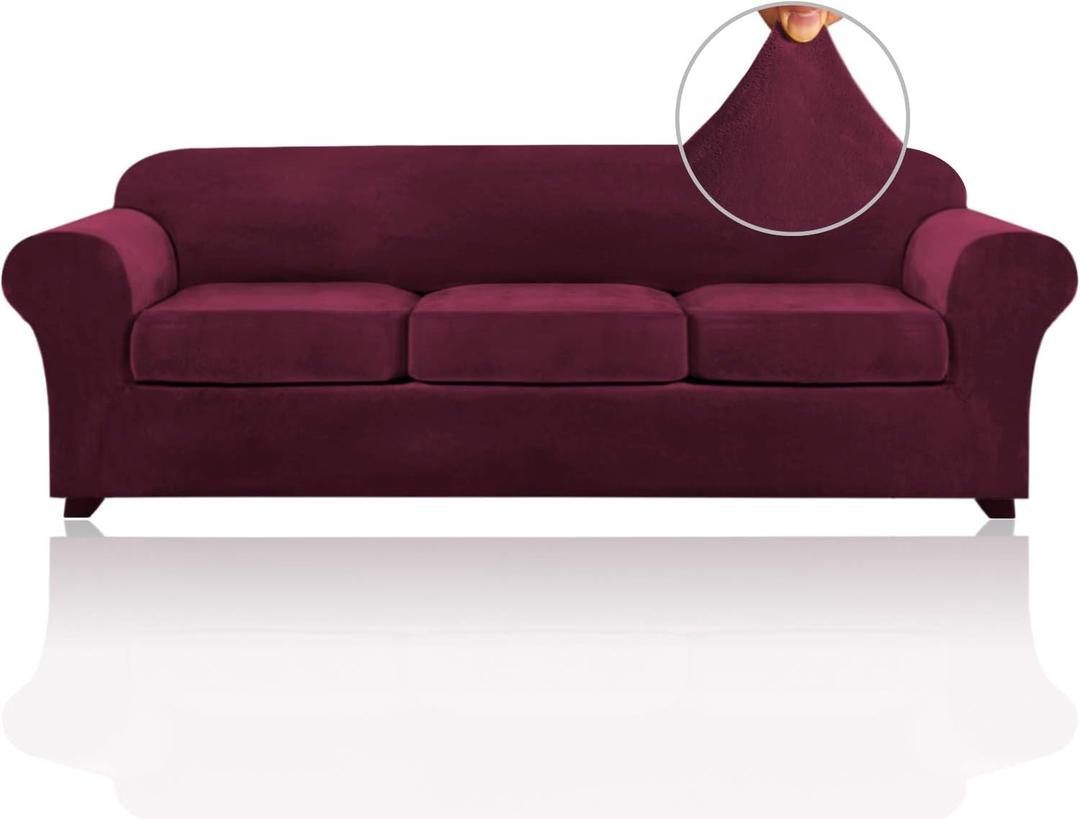 PrinceDeco Velvet XL Couch Cover for Oversized Sofa 4 Piece Sofa Covers for 3 Cushion Couch Washable Furniture Protector with Non Slip Elastic Bottom Width Up to 105 Inch(X-Large, Burgundy)
