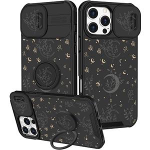 Goocrux for iPhone 16 Pro Case - Women Girls Cute Phone Cover Girly Pretty Fancy Unique Aesthetic Design Slide Camera Cover with Ring Stand Holder Cases for Apple for iPhone 16 Pro,Black Moon Stars