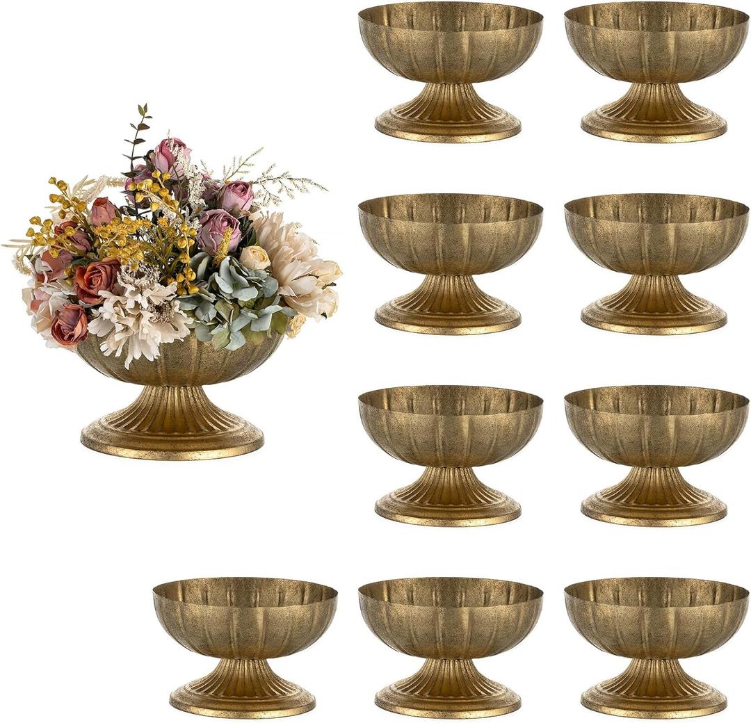 NUPTIO Gold Compote Vase for Centerpiece: 8.5" Wide Short Pedestal Footed Bowl for Flowers - Distressed Brass Urn for Decorative Wedding Table Set of 10