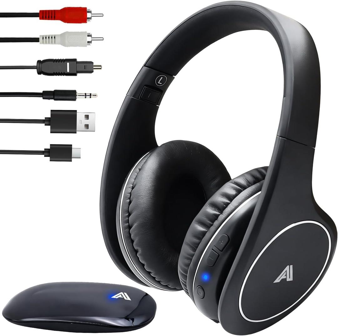 Ansee Wireless TV Headphones for Seniors & Hearing Impaired, Folding Over Ear Headphones with 2.4GHz RF Transmitter Support Optical RCA AUX, No Audio Delay, 100ft Wireless Range (Black)