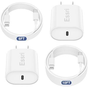 Essri Fast Charger for iPhone 14 13 12 Charge Fast Charging, 2Pack 6FT+10FT USB C to L Cable with 20W USB C for i Phone Charger Block, Compatible with iPhone 14 13 12 Pro/14 Plus/13 Pro Max - White