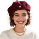 Women's Chenille Beret - Soft & Warm French Hat with Metal Heart Accent for Fall/Winter.