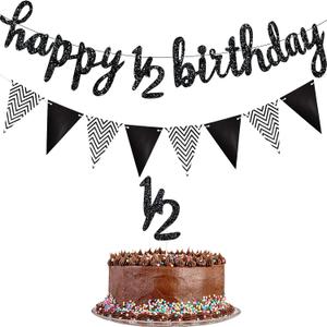 Boao Pre- Strung Half Birthday Decorations Set 6 Months Happy 1/2 Birthday Banner, Glitter 1/2 Half Year Cake Topper, Triangle Flag Banner for Baby Shower Party Photoshoot Props(Black)
