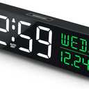 Peakeep Large Display Digital Alarm Clock for Bedrooms, Date Day of Week Calendar Desk Table Clocks for Living Room Office, Dimmable Plug in Electric Clock, 5 Volumes, Loud, Auto DST (White and Green)