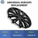 15 Inch Gloss Black Sporty 10-Spoke Design Universal Wheel Covers Hubcaps for Steel Wheels, Set of 4, Patented Adjustable Snap-On Design, Tool-Free Install