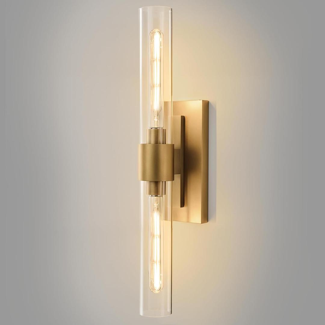 Champagne Brass Bathroom Wall Sconce - Modern Gold Light Sconces - Dimmable Lighting Fixtures - Vertical or Horizontal Mounted Clear Glass Tube Vanity Lights for Indoor Living Room Hallway (1 Pack)