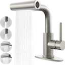Brushed Nickel Bathroom Faucet with Sprayer - Brushed Nickel Bathroom Faucets for Sink 1 Hole or 3 Holes, 4 Mode Single Handle Vanity Faucet Waterfall Bathroom Faucet with Pull Down Sprayer (No Drain)