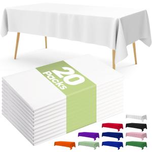 Pureegg Plastic Table Cloth Disposable 20 Pack, 54 x 108 Inch Table Cloths, Party, Picnic, Wedding, Decorative Tablecloths, Rectangle, White Plastic Cover, Leakproof & Sturdy, White