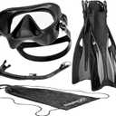 Italian Design Premium Tempered Glass Lens Anti-Fog Panoramic View Frameless Snorkel Mask, Elite Dry Snorkel Tube, Adjustable Fins - Mask Fin Snorkel Set (S/M, 6-9 / EU: 38-42, Noire)
