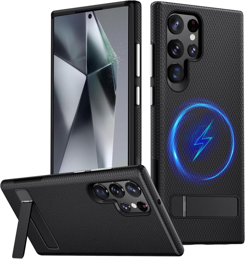 FIERANY for Samsung Galaxy S24 Ultra Magnetic Case, [Fit for Magsafe] Military Grade Dual-Layer Shockproof Protective with Non Slip Textured Back, Phone Case with Kickstand for S24 Ultra (Black)