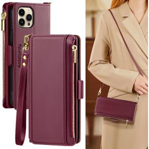 Antsturdy Compatible with iPhone 11 Pro Max Wallet Case for WomenRFID Blocking Crossbody Phone Case PU Leather Zipper with Wrist Strap Flip Cover Credit Card Holder for Apple 11 Pro Max,Wine Red