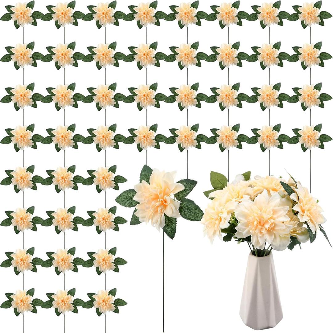 XunYee 50 Pack Artificial Wedding Dahlia Flowers Bulk Silk Dahlias with Stems and Green Leaves Fake Flora Decoration Faux Bouquets for DIY Bridal Shower Wedding Party(Champagne)