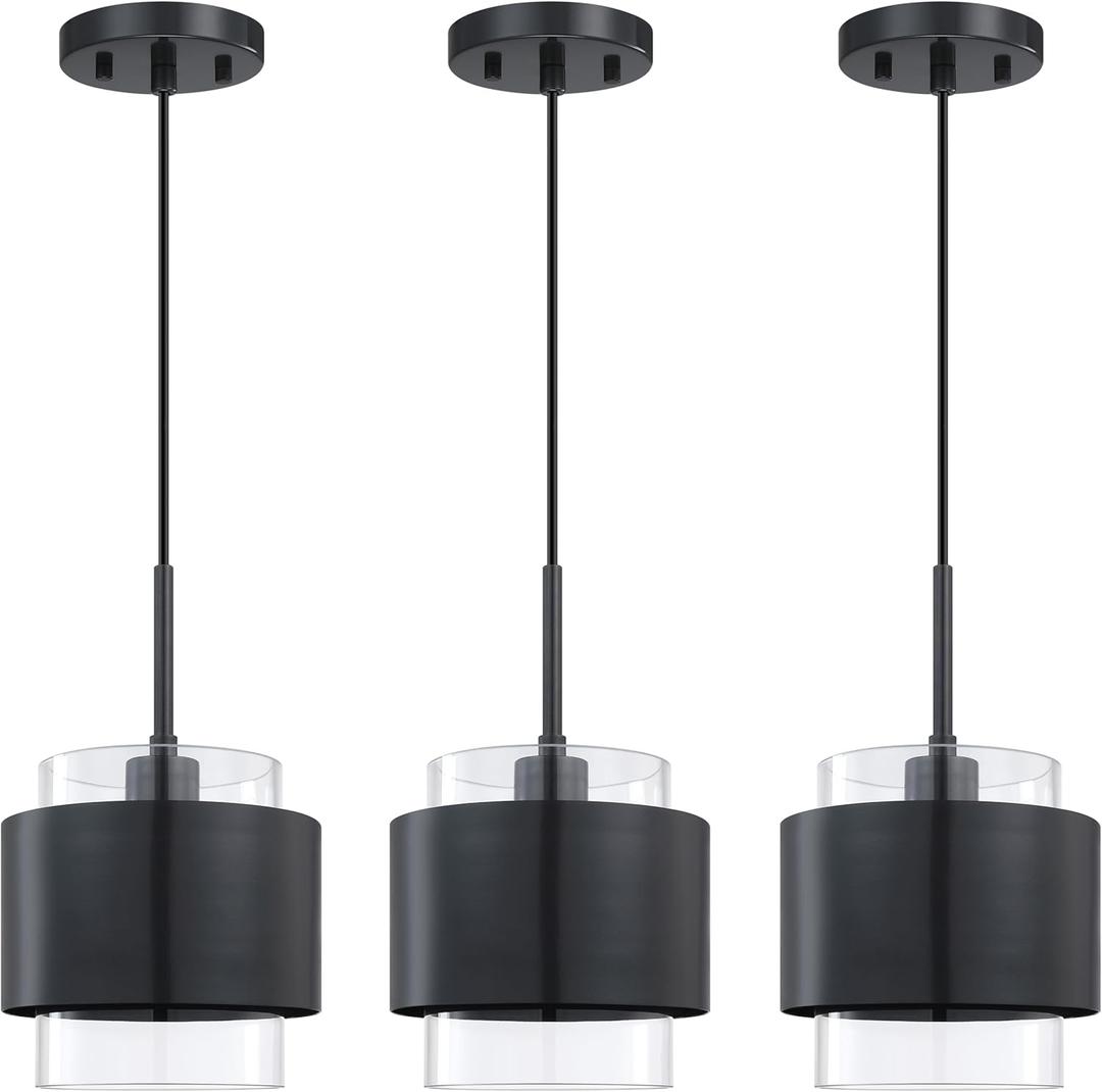 3 Pack 1 Light Hanging Indoor Kitchen Island Pendant Light Fixture,7.1" Drum Glass Shade Pendant Ceiling Light Black Finish for Modern Farmhouse Dinning Over Sink