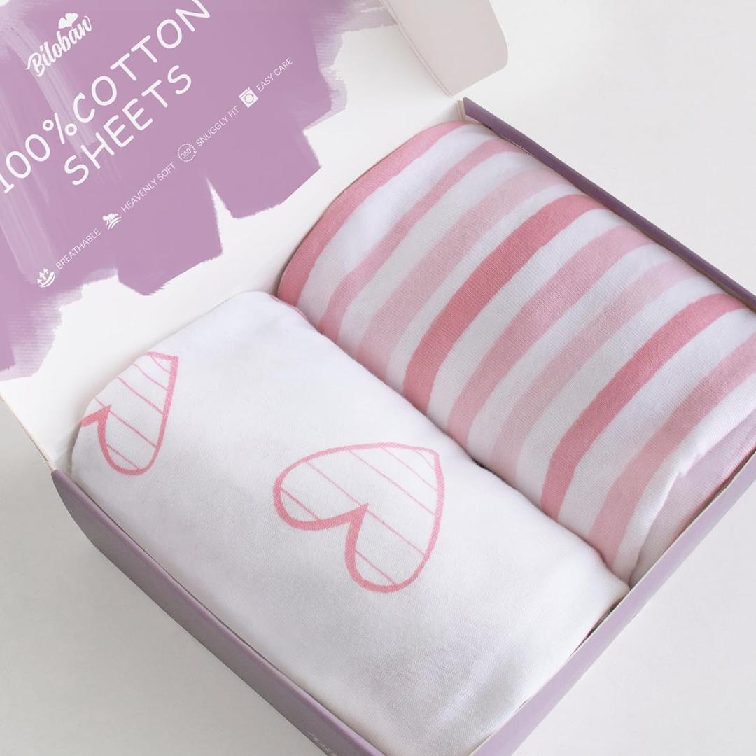 Bassinet Sheets Compatible with Baby Delight Snuggle Nest Bassinet, 2 Pack, 100% Jersey Knit Cotton Bassinet & Bedside Sleeper Sheets, Pink Stripes and Hearts Print for Baby