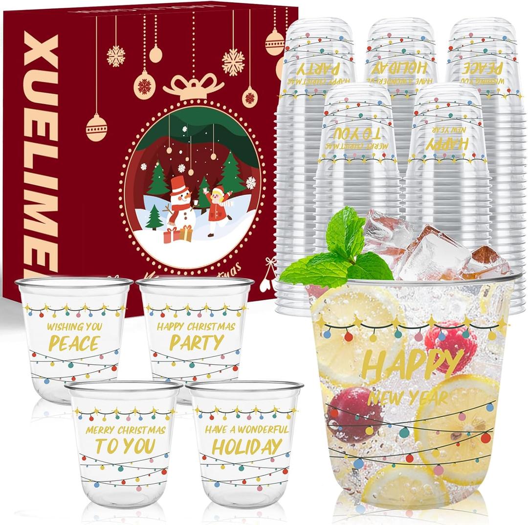 12oz Christmas Disposable Plastic Cups-Christmas Balls Ornaments Drinking Cups for Holiday Party Supplies Cold Drinks, Coffee, Beer, Drinks, Ice Cream. (100)