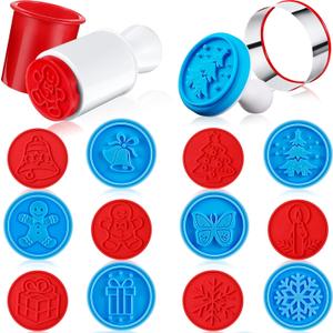 12 Pieces Christmas Cookie Stamps Set With 2 Cookie Cutters and 2 Plastic Press for Baking - Silicone Embossing Mold for Homemade Cookies, 2 Set