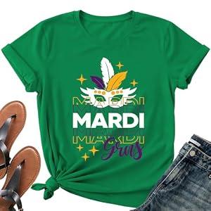 Mardi Gras Shirts for Women-Funny Tuesday Carnival Masks Short Sleeve New Orleans Parade Tee Tops, Small
